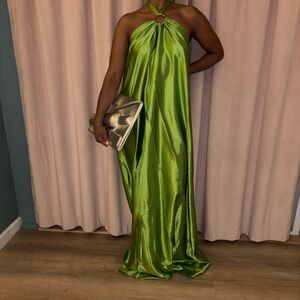 Elegant Green Satin Halter Dress
